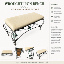 Vintage Wrought-Iron Accent Bench 40” Vine Leaf Upholstered Seat