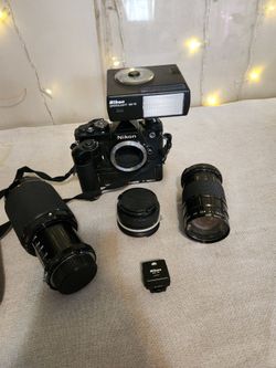 Vintage Nikon FE 35mm Film Camera Kit w/ Lenses, MD-12 Motor Drive & SB-15 Flash