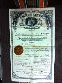 Antique 1928 Marriage License Lamar County Texas With Embossed Seal.....asking $20.00