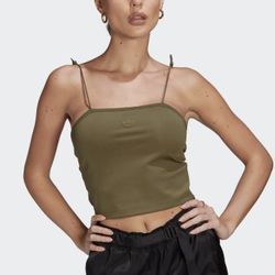 ADIDAS Womens Army Green Stretchy Elastic Spaghetti Strap Logo Crop Tank Top