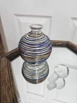 Vintage art Glass Perfume Bottle Iridescent Thread Glass With Bottle Stopper.