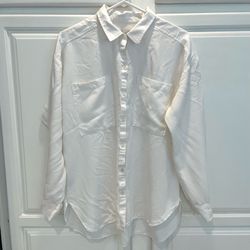 Loft Womens L Button Down Collared Shirt Long Sleeve White Chest Pockets Relaxed