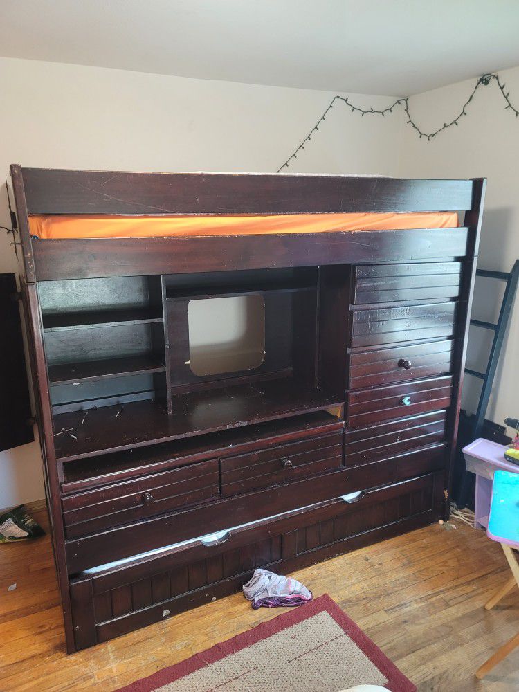 Solid Wood Bunk Bed With Trundle, Desk And Secret Compartment
