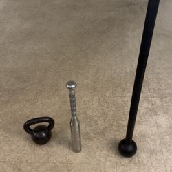 Kettlebell (25 LB), Macebell (20 LB), Clubbell (17.5 LB)