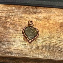 Moldavite Pendant — Copper Wire Wrapped Heart Shape