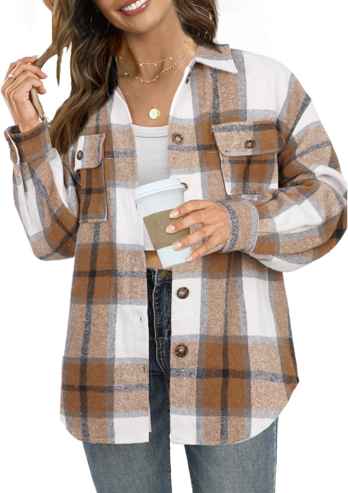 NIeyook Women's Plaid Shacket in Apricot Brown Plaid