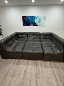 Gray Leather Z Gallerie Sectional Couch Sofa Modular 6pcs