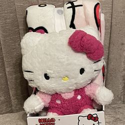  New Hello Kitty Plush Blanket, Pillow Valentine’s Travel Set