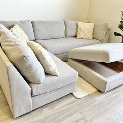 Free Delivery- Light Gray Sectional Couch w/ Storage Ottoman