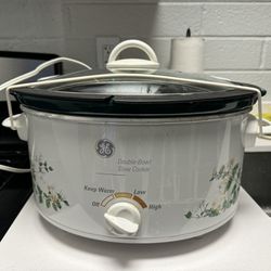 beautiful emerald green slow cooker comes with lid and two containers for dual cooking 