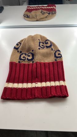 Gucci GG Monogram Knit Beanie Hat Beige/Red Size L 59cm