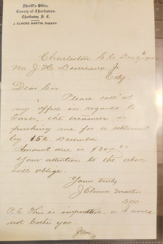 1904 Charleston SC Letter Signed by Sheriff John Elmore Martin