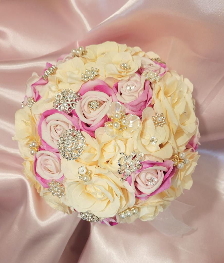NEW! Bride Brooch Bouquet and Groom Boutonnière (Pink And Ivory) BUNDLE !