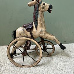 Vintage Wooden Toy Tricycle Horse Hand Carved Leather Saddle 11.5
