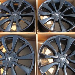 Exchange For NEW Set Of 19" Tesla Model 3 Rims Powder Coat Gloss Black OEM Wheels Tesla