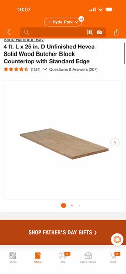 4 ft. L x 25 in. D Unfinished Hevea Solid Wood Butcher Block Countertop with Standard Edge