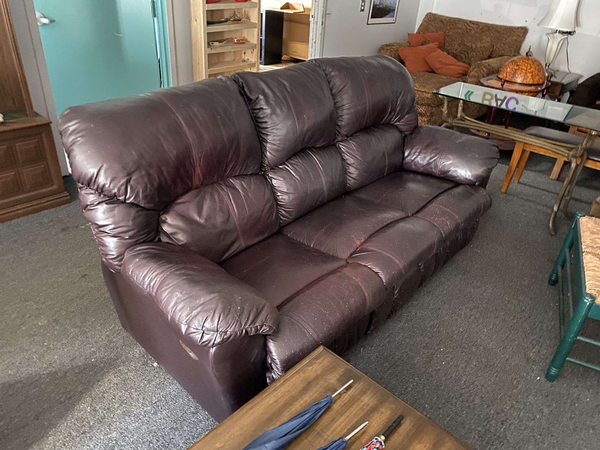 Brown Leather Reclining Sofa Couch $125 80” x 40” x 40” Some Wear/Tear Scratching