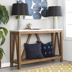 CHARMING✨️ RUSTIC MODERN FARMHOUSE~ A-Frame Faux Marble Entry Table with Lower Shelf for STORAGE-And Walnut Finish. 
