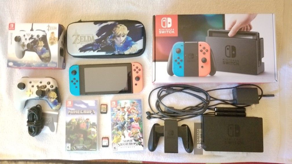 Nintendo Switch bundle with Super Smash Bros Ultimate, Minecraft, wired Zelda controller, and carrying case
