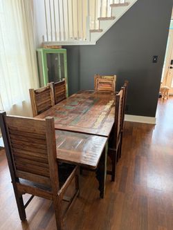 Rustic Solid Wood Dining Table + 6 Chairs + 2 Leaves