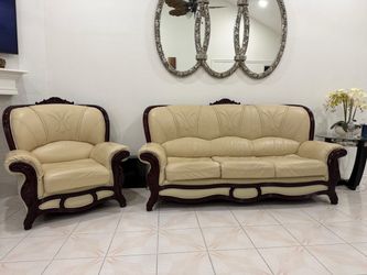 Cream Leather Living Room sofas-3 Set