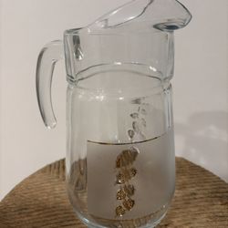 Vintage Glass Pitcher with Grapes Leaves Gold Accented Trim Etched Clear Glass