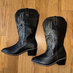 Black Embroidered Western Cowboy Boots Chic Pointed Toe Size 36