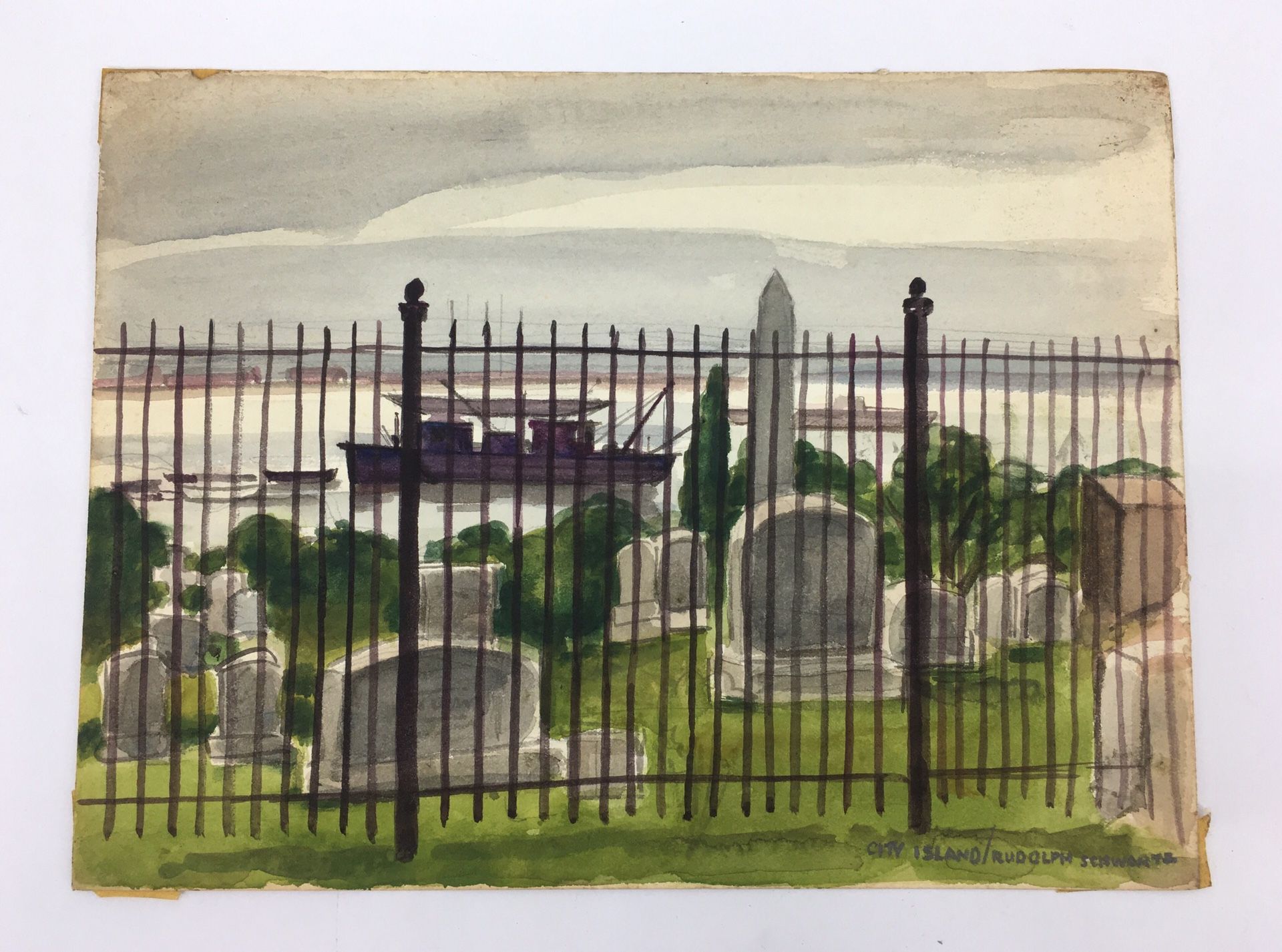 Original 9” X 12” NYC Bronx Pelham Cemetery Watercolor by 1950’s Illustrator Rudolph Schwartz