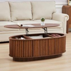 Bars Surrounding 43.3 in. Walnut Olive Oval MDF Coffee Table with Height-adjustable