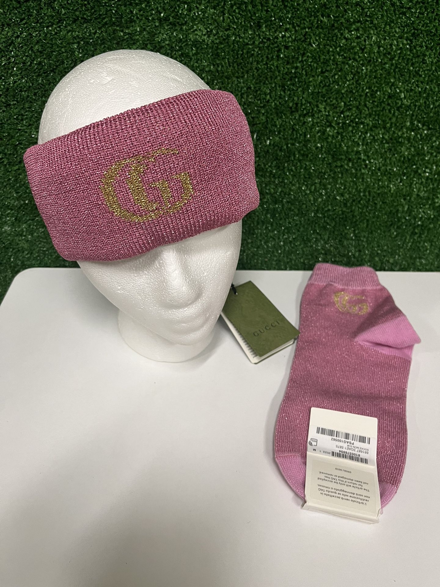 Gucci Pink And Gold Sparkle Headband And Matching Socks Size M Women’s NWT