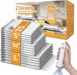 15 Pack Travel Vacuum Bags with Rechargeable Pump, 3 Sizes Combo Space Saver Vacuum Seal Bags for Clothing Travel, 5000Pa Compression Packing Cubes fo