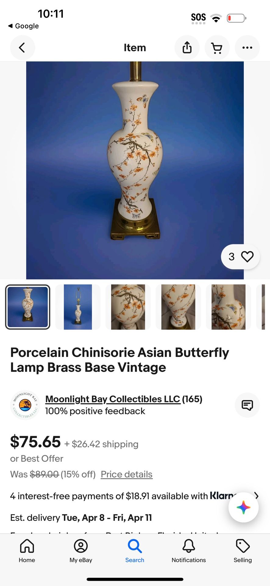 Porcelain Chinisorie Asian Butterfly Lamp Brass Base Vintage
