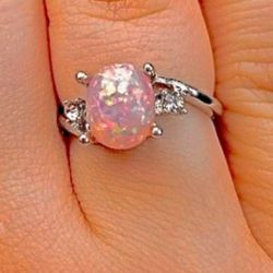 Gorgeous Oval Cut Pink Fire Opal Set In 925 SterlingSilver Dainty Ring 