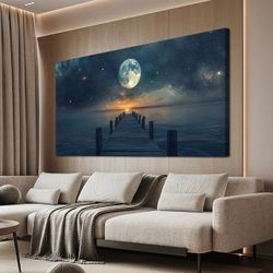 Canvas Wall Art Modern Landscape Coastal Blue Star Moon Decor 20 x 40 $43.50