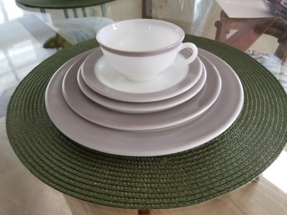 1950s Mid-Century Pyrex Dinnerware - Dove Gray Rimmed