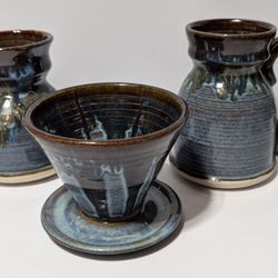 Handmade Ceramic Pour Over Set w/ 2 Small Pitchers – Blue Drip Glaze Pottery

