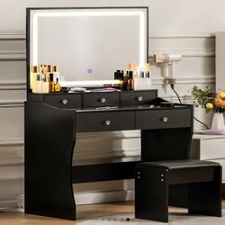 Makeup Vanity 5 Drawers LED Lights Mirror With Chair, Charging Station, 3 Adjustable Light Modes.