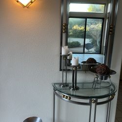 Entryway Table, Mirror, Light, And vase