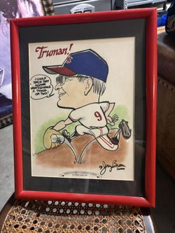 This framed 2000 caricature print by artist Gary Breen, titled "Truman!" and set at Oriole Park at Camden Yards, humorously depicts former U.S. Presid