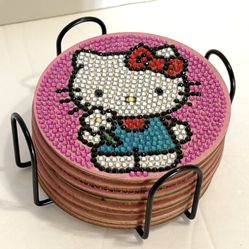 8pc Hello Kitty Coaster Set Handcrafted Wood & Rhinestone NEW