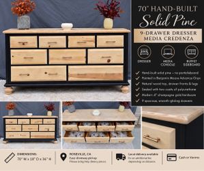 70” Hand-Built Solid Pine 9-Drawer Dresser / Media Credenza     •    Custom Refinished Solid Wood Long Dresser – Modern Organic Two-Tone     •    Hand