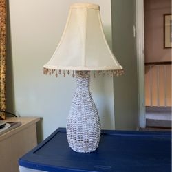 Wood Wicker Lamp, Silk Shade 21” H