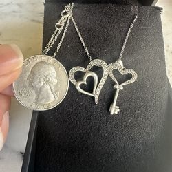 925 Sterling Silver, Genuine Diamond 💎 Heart And Key Necklace, Tested In Photos , Marked JWBR 925, Renaissance Jewelry, New York. 18in 925 Chain