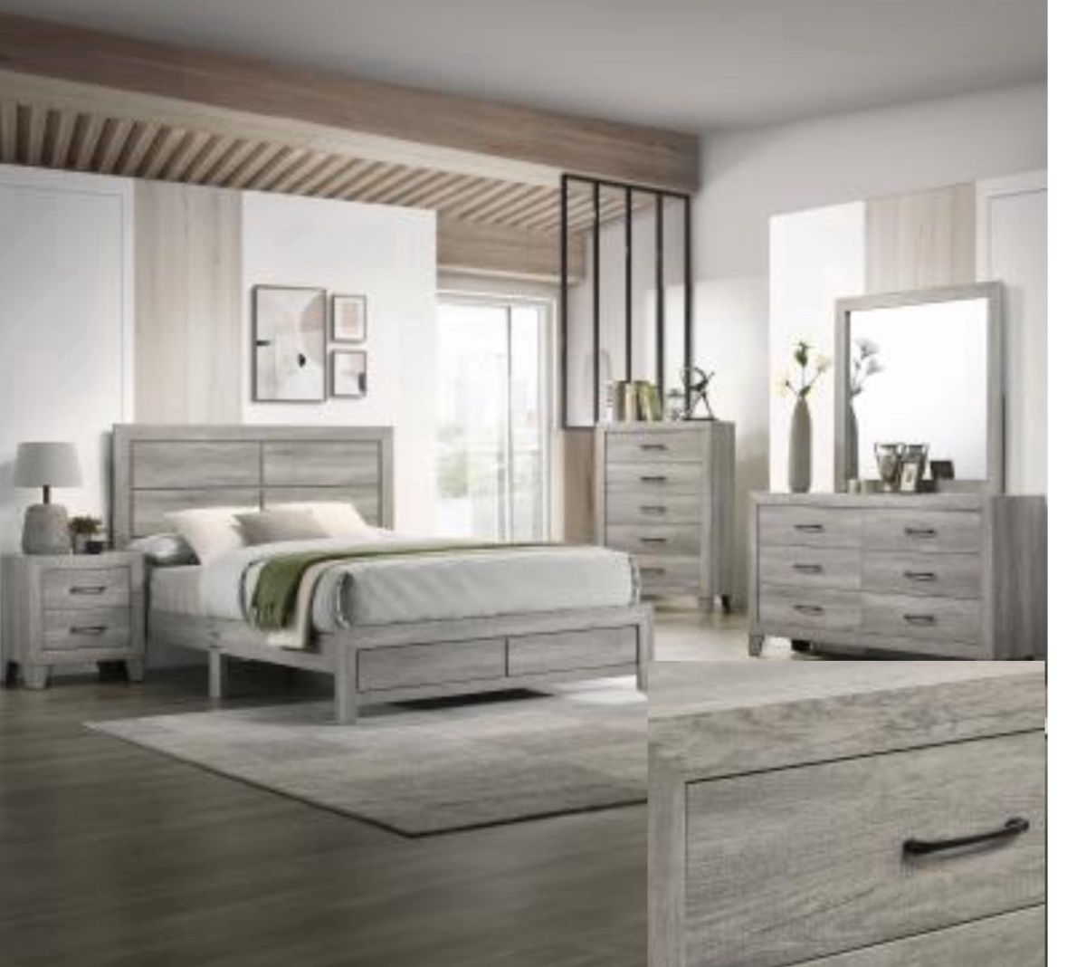 4- Pc Bedroom set Dresser,Mirror  Nightstand (1) Queen size bed frame  Not including Mattress and Box Sp