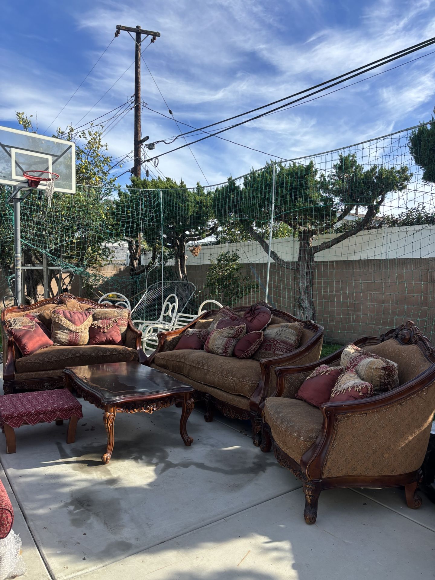 Luxury Victorian Sofa Set w/ Carved Wood + Coffee Table