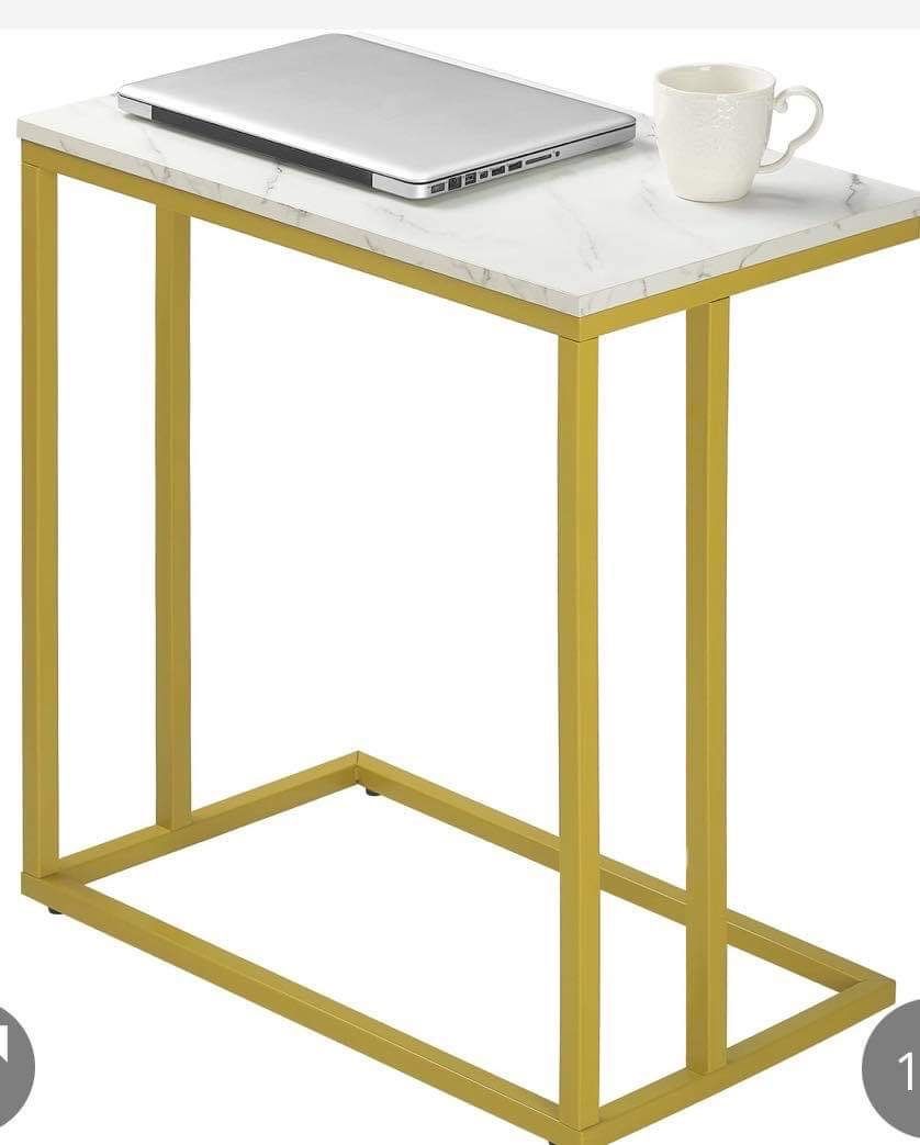 PrimeZone C Shaped Side Table Faux Marble Wide End Table For Sofa Couch & Living Room, TV Tray