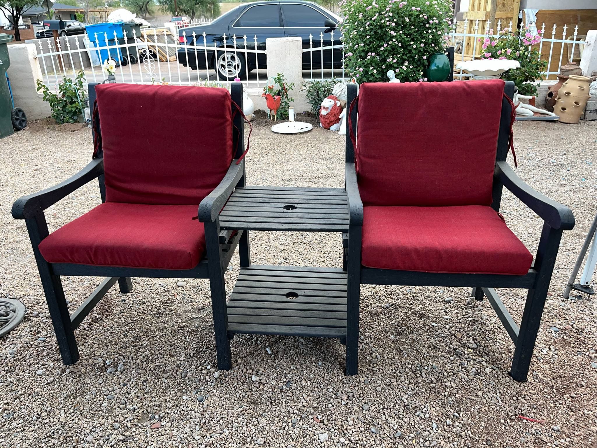 Wood Connected Chairs/Table & Cushions