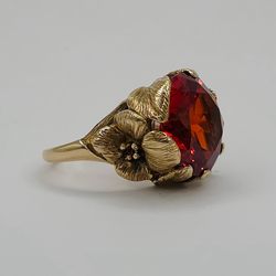Vintage Flower Orange Sapphire Cocktail Ring 14K Yellow Gold