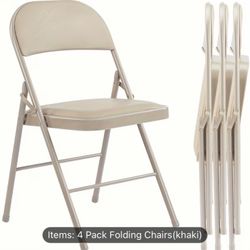 Set of 4 Folding Chairs, PU Leather Padded Folding Chairs, Outdoor & Indoor Event Khaki 
