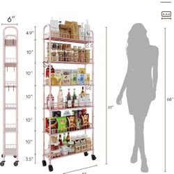 6 Tier Slim Rolling Storage Cart with Wheels, Pink 